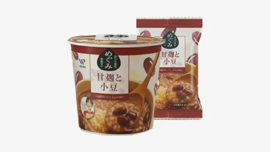 腸活薬膳がゆ めぐみ 甘麹と小豆のカップタイプと個包装タイプの製品パッケージ